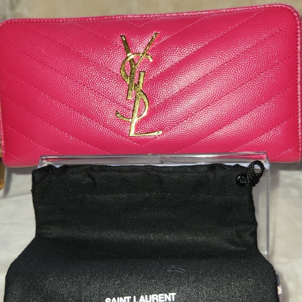 Saint Laurent Pink Quilted Leather Zip Wallet with Gold YSL Logo